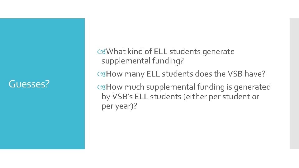 Guesses? What kind of ELL students generate supplemental funding? How many ELL students does