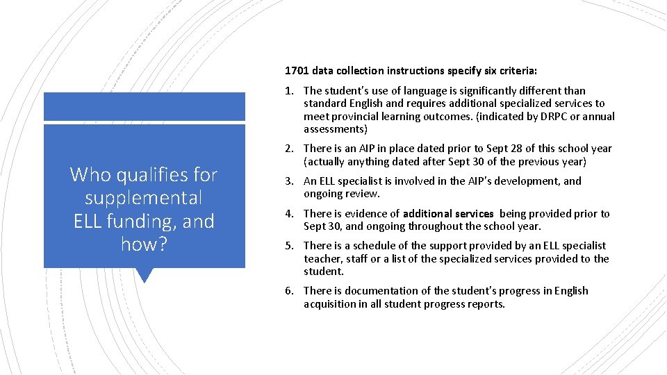 1701 data collection instructions specify six criteria: 1. The student’s use of language is