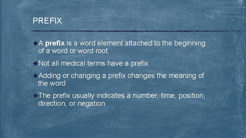 PREFIX u. A prefix is a word element attached to the beginning of a