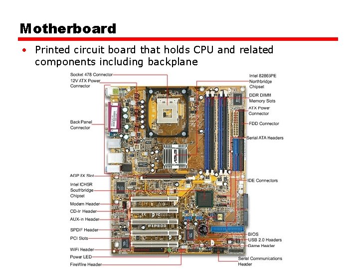 Motherboard • Printed circuit board that holds CPU and related components including backplane 