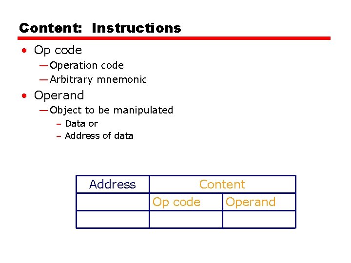 Content: Instructions • Op code — Operation code — Arbitrary mnemonic • Operand —