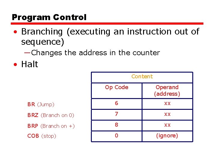 Program Control • Branching (executing an instruction out of sequence) —Changes the address in