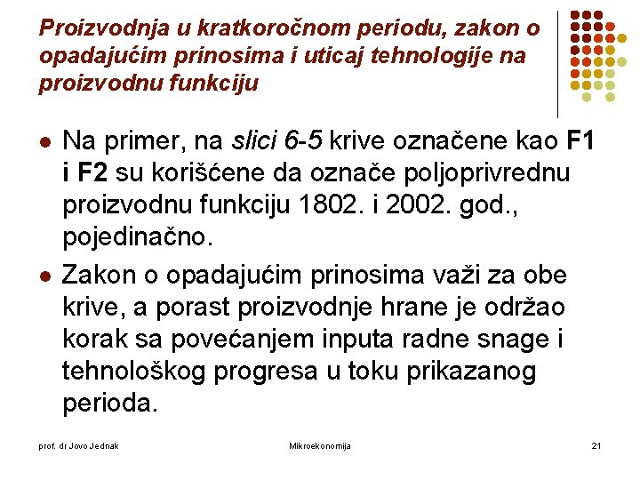 Proizvodnja u kratkoročnom periodu, zakon o opadajućim prinosima i uticaj tehnologije na proizvodnu funkciju Proizvodnja u kratkoročnom periodu, zakon o opadajućim prinosima i uticaj tehnologije na proizvodnu funkciju