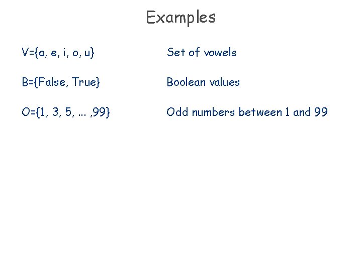 Examples V={a, e, i, o, u} Set of vowels B={False, True} Boolean values O={1,