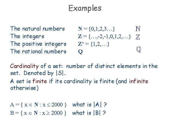 Examples The natural numbers The integers The positive integers The rational numbers N =