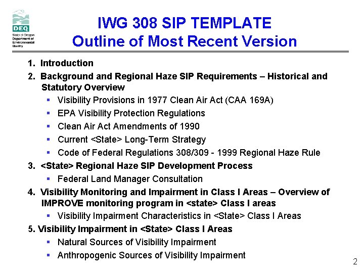 IWG 308 SIP TEMPLATE Outline of Most Recent Version 1. Introduction 2. Background and IWG 308 SIP TEMPLATE Outline of Most Recent Version 1. Introduction 2. Background and