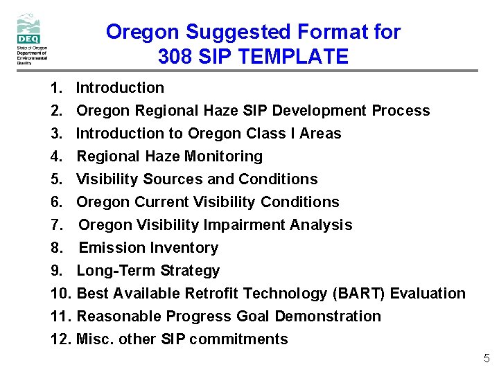 Oregon Suggested Format for 308 SIP TEMPLATE 1. Introduction 2. Oregon Regional Haze SIP Oregon Suggested Format for 308 SIP TEMPLATE 1. Introduction 2. Oregon Regional Haze SIP