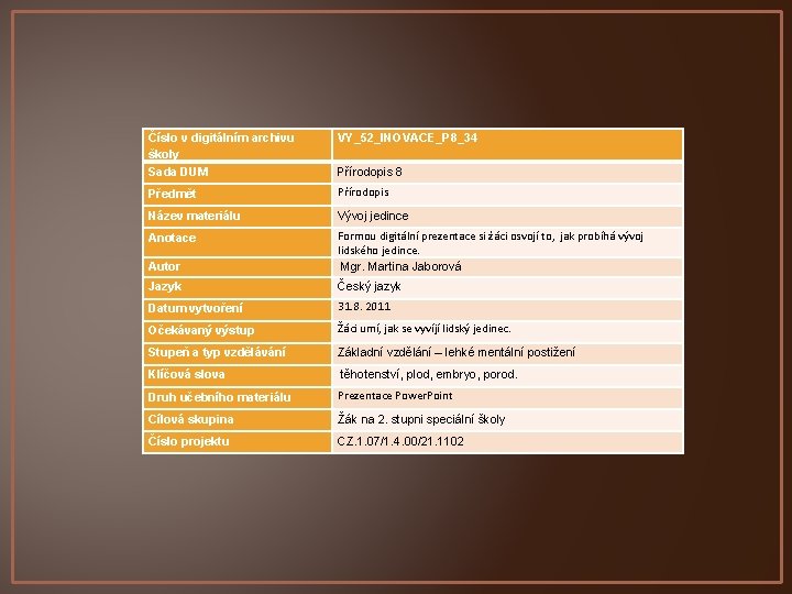 Číslo v digitálním archivu školy Sada DUM VY_52_INOVACE_P 8_34 Předmět Přírodopis Název materiálu Vývoj