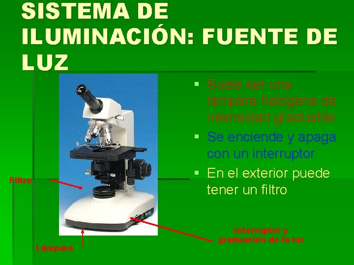 SISTEMA DE ILUMINACIÓN: FUENTE DE LUZ § Suele ser una lámpara halógena de intensidad SISTEMA DE ILUMINACIÓN: FUENTE DE LUZ § Suele ser una lámpara halógena de intensidad