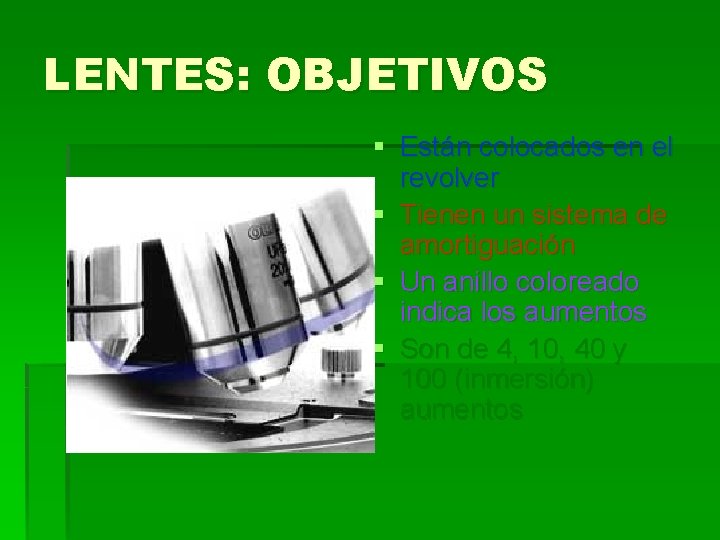 LENTES: OBJETIVOS § Están colocados en el revolver § Tienen un sistema de amortiguación LENTES: OBJETIVOS § Están colocados en el revolver § Tienen un sistema de amortiguación