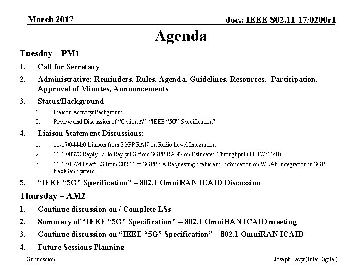 March 2017 doc. : IEEE 802. 11 -17/0200 r 1 Agenda Tuesday – PM