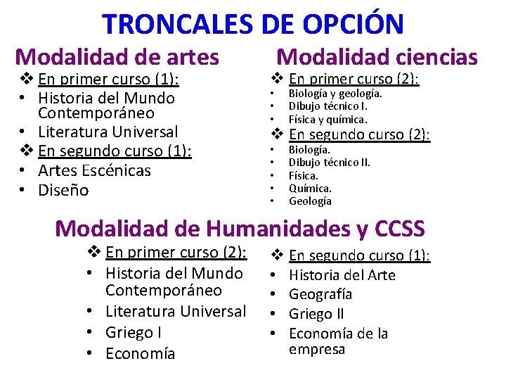 TRONCALES DE OPCIÓN Modalidad de artes v En primer curso (1): • Historia del