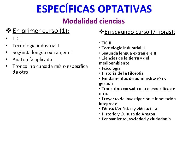 ESPECÍFICAS OPTATIVAS Modalidad ciencias v En primer curso (1): • • • TIC I.