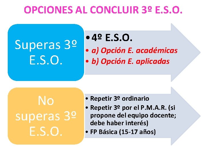 OPCIONES AL CONCLUIR 3º E. S. O. Superas 3º E. S. O. No superas