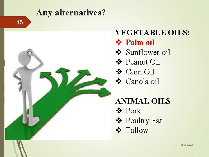 Any alternatives? 15 VEGETABLE OILS: v Palm oil v Sunflower oil v Peanut Oil