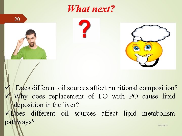 What next? 20 ü Does different oil sources affect nutritional composition? ü Why does