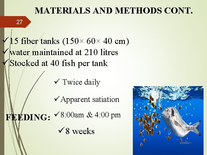 MATERIALS AND METHODS CONT. 27 ü 15 fiber tanks (150× 60× 40 cm) üwater