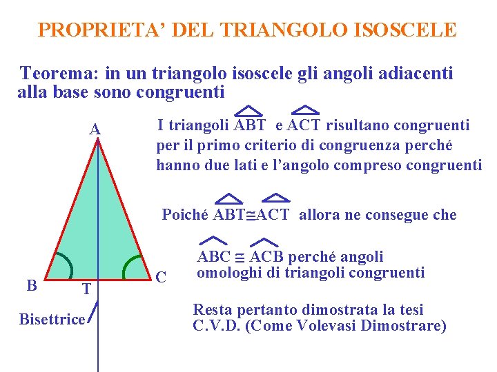 PROPRIETA’ DEL TRIANGOLO ISOSCELE Teorema: in un triangolo isoscele gli angoli adiacenti alla base