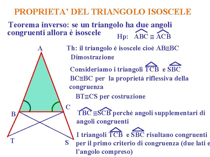 PROPRIETA’ DEL TRIANGOLO ISOSCELE Teorema inverso: se un triangolo ha due angoli congruenti allora