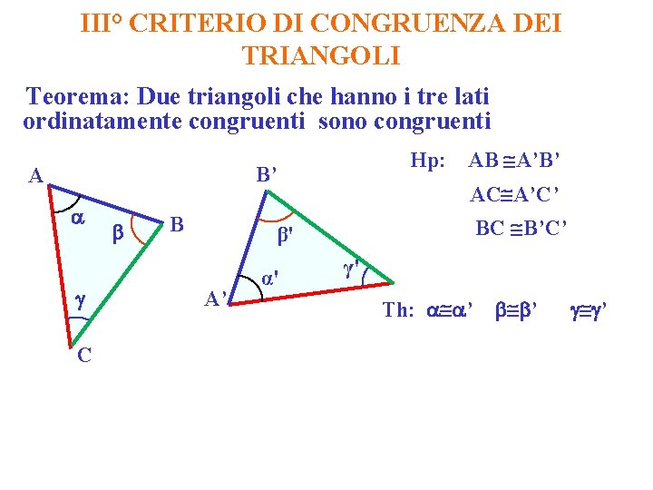 III° CRITERIO DI CONGRUENZA DEI TRIANGOLI Teorema: Due triangoli che hanno i tre lati