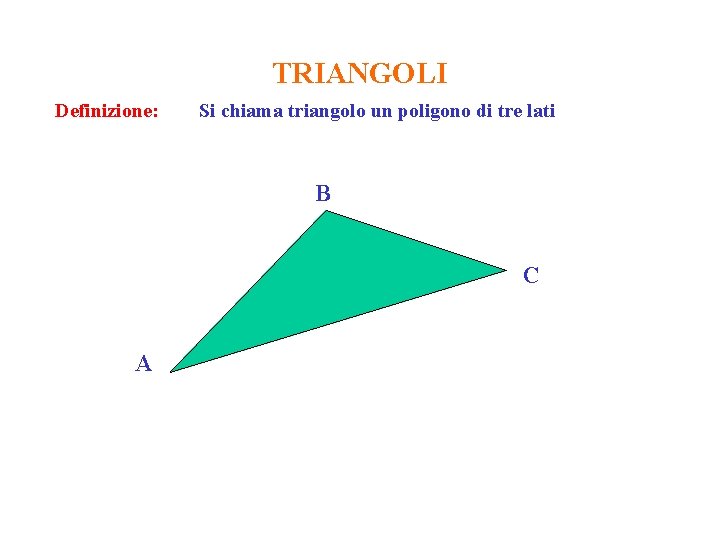 TRIANGOLI Definizione: Si chiama triangolo un poligono di tre lati B C A 