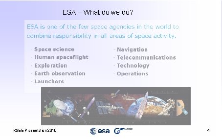 ESA – What do we do? KSEE Presentation 2010 4 