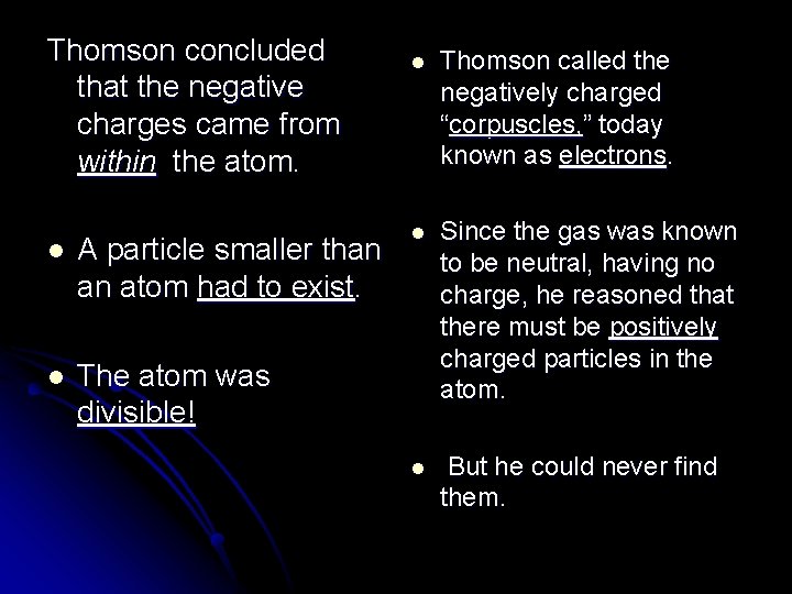 Thomson concluded that the negative charges came from within the atom. l A particle