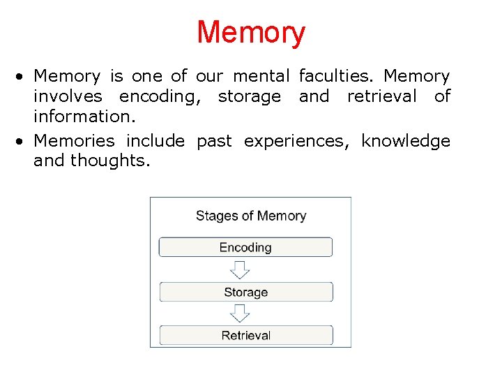 Memory • Memory is one of our mental faculties. Memory involves encoding, storage and