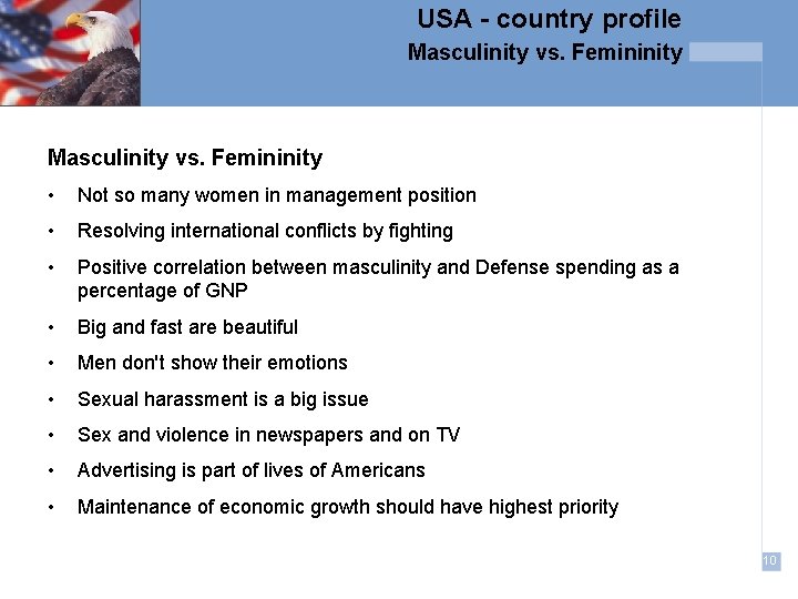 USA - country profile Masculinity vs. Femininity • Not so many women in management