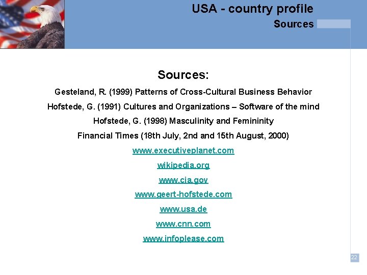 USA - country profile Sources: Gesteland, R. (1999) Patterns of Cross-Cultural Business Behavior Hofstede,