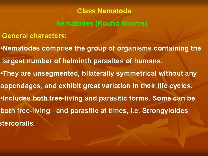 Class Nematoda Nematodes (Round Worms) General characters: • Nematodes comprise the group of organisms