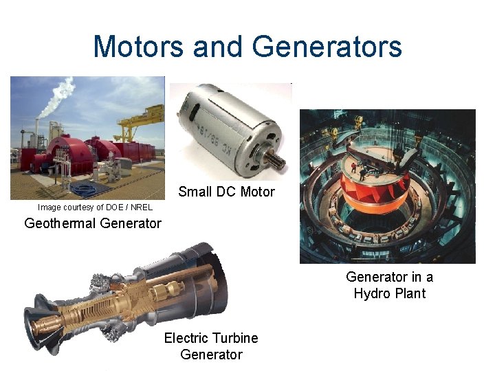 Motors and Generators Small DC Motor Image courtesy of DOE / NREL Geothermal Generator