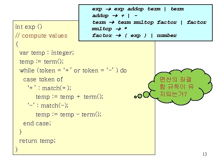 exp addop term | term addop + | term multop factor | factor multop