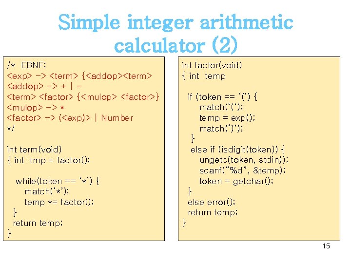 Simple integer arithmetic calculator (2) /* EBNF: <exp> -> <term> {<addop><term> <addop> -> +