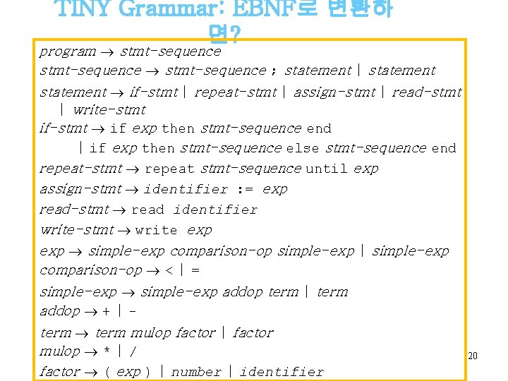 TINY Grammar: EBNF로 변환하 면? program stmt-sequence ; statement | statement if-stmt | repeat-stmt