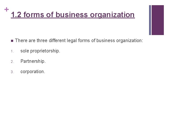 + 1. 2 forms of business organization n There are three different legal forms