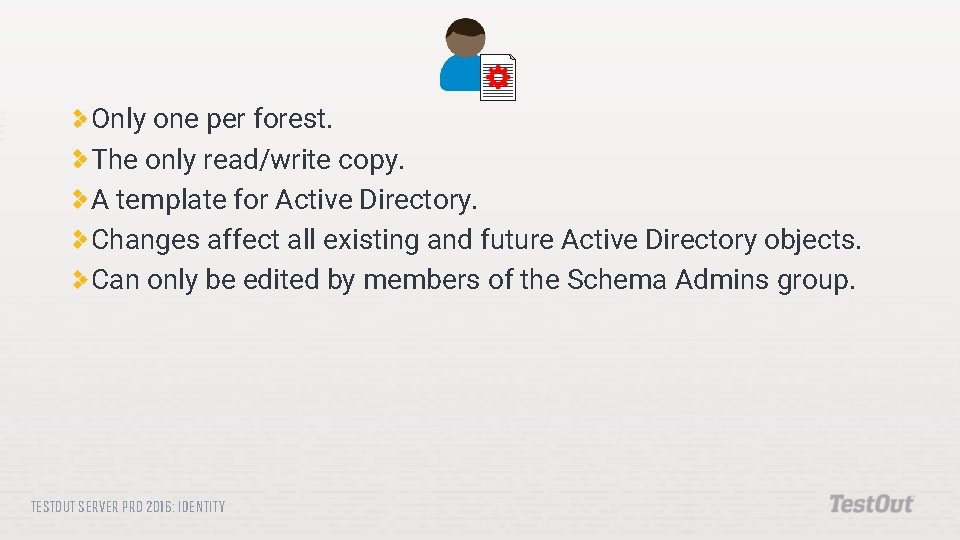 Only one per forest. The only read/write copy. A template for Active Directory. Changes