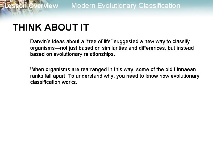Lesson Overview Modern Evolutionary Classification THINK ABOUT IT Darwin’s ideas about a “tree of Lesson Overview Modern Evolutionary Classification THINK ABOUT IT Darwin’s ideas about a “tree of