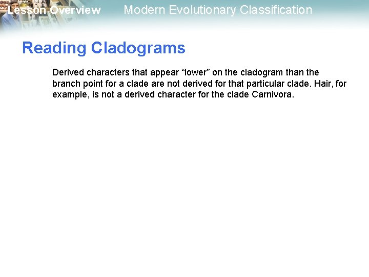 Lesson Overview Modern Evolutionary Classification Reading Cladograms Derived characters that appear “lower” on the Lesson Overview Modern Evolutionary Classification Reading Cladograms Derived characters that appear “lower” on the