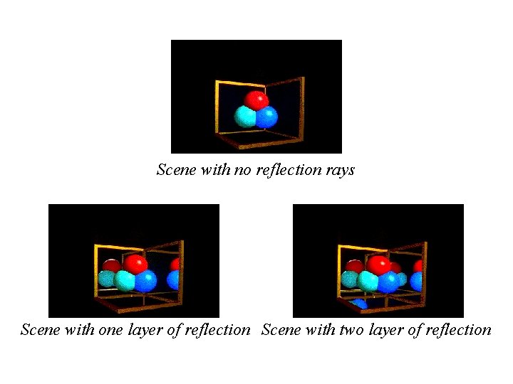 Scene with no reflection rays Scene with one layer of reflection Scene with two