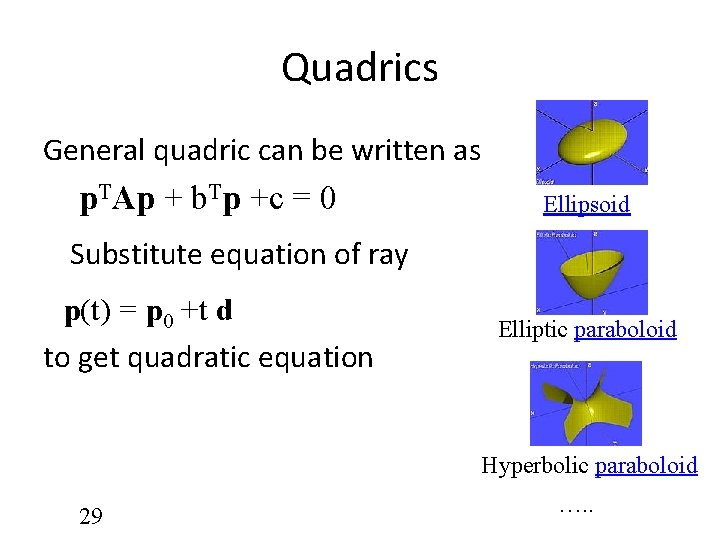 Quadrics General quadric can be written as p. TAp + b. Tp +c =