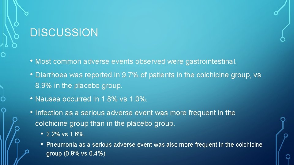 DISCUSSION • Most common adverse events observed were gastrointestinal. • Diarrhoea was reported in