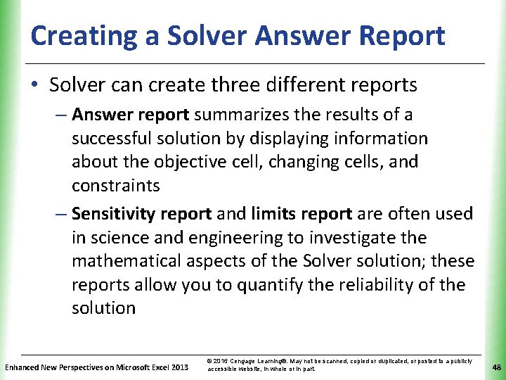 Creating a Solver Answer Report XP • Solver can create three different reports –