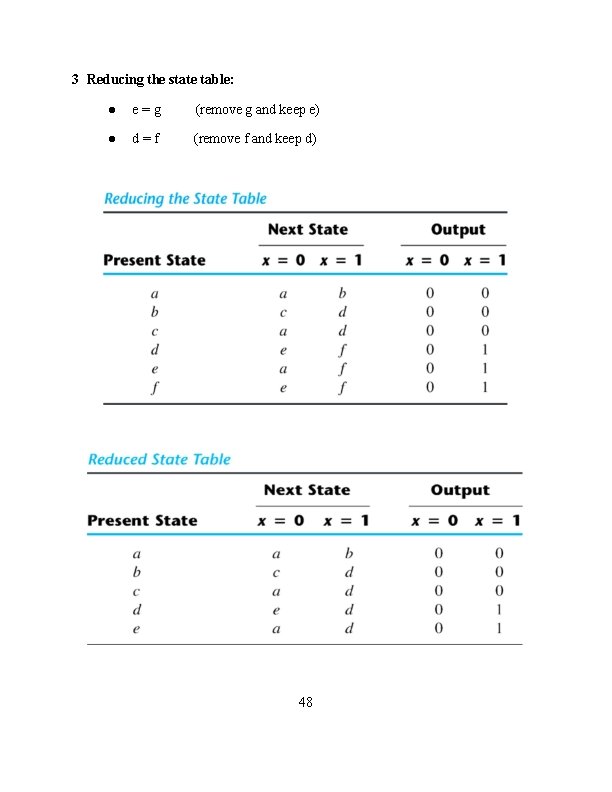 3 Reducing the state table: ● e=g (remove g and keep e) ● d=f
