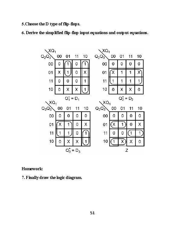 5. Choose the D type of flip-flops. 6. Derive the simplified flip-flop input equations