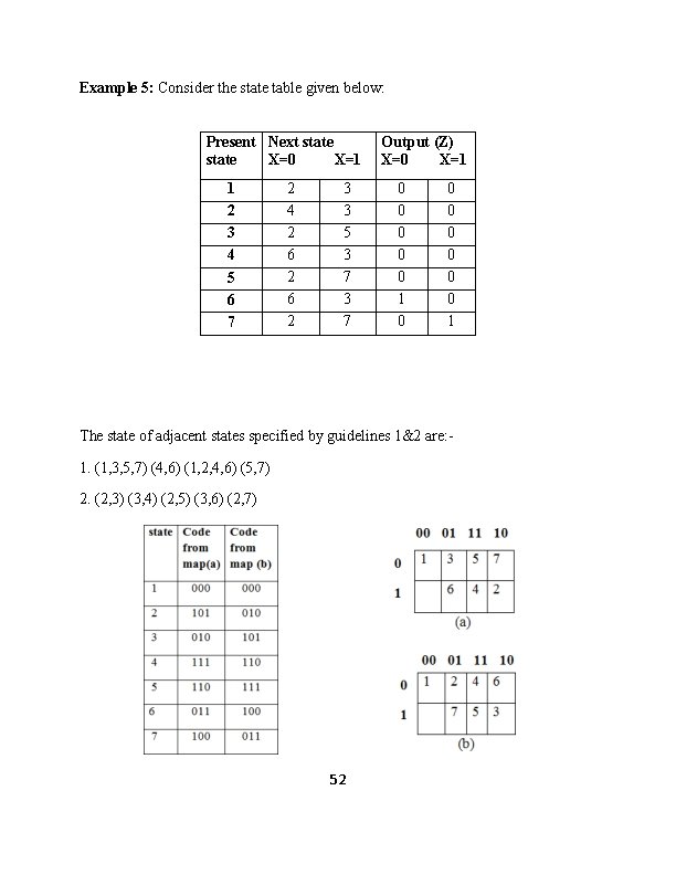 Example 5: Consider the state table given below: Present Next state X=0 X=1 1