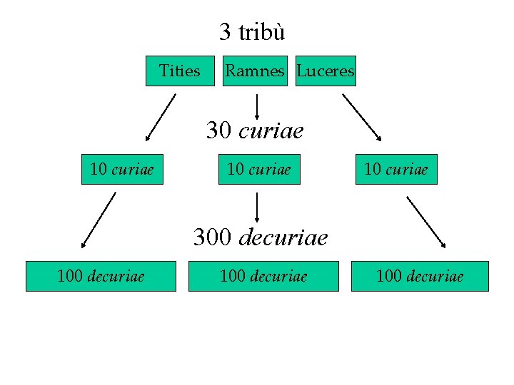 3 tribù Tities Ramnes Luceres 30 curiae 10 curiae 300 decuriae 100 decuriae 