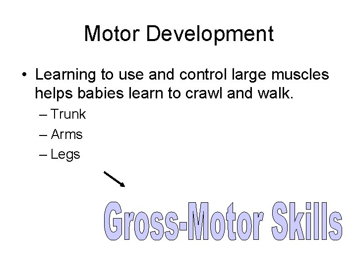 Motor Development • Learning to use and control large muscles helps babies learn to