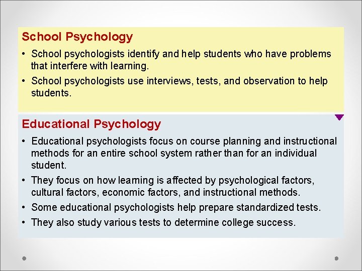 School Psychology • School psychologists identify and help students who have problems that interfere
