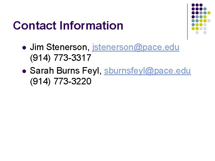 Contact Information l l Jim Stenerson, jstenerson@pace. edu (914) 773 -3317 Sarah Burns Feyl,